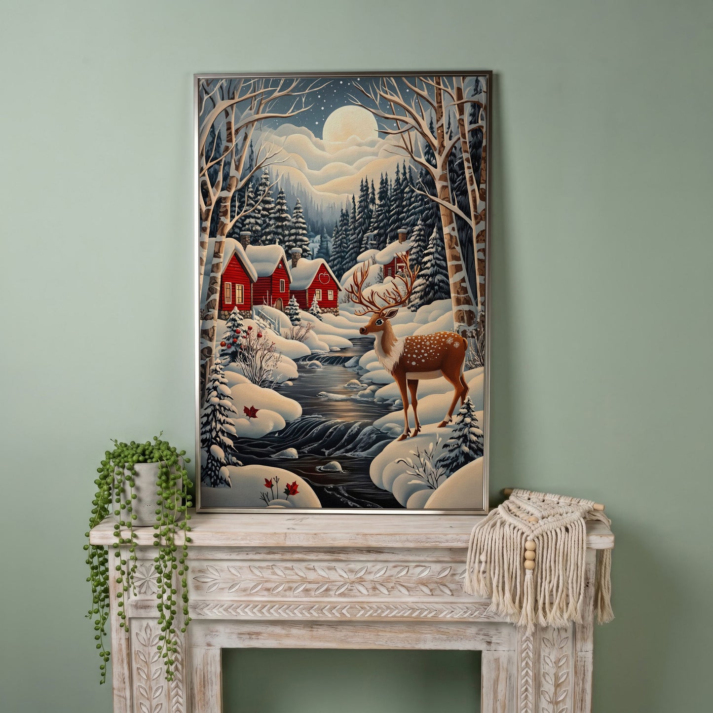 Forest Village with Deer Winter Landscape Canvas in silver floating frame