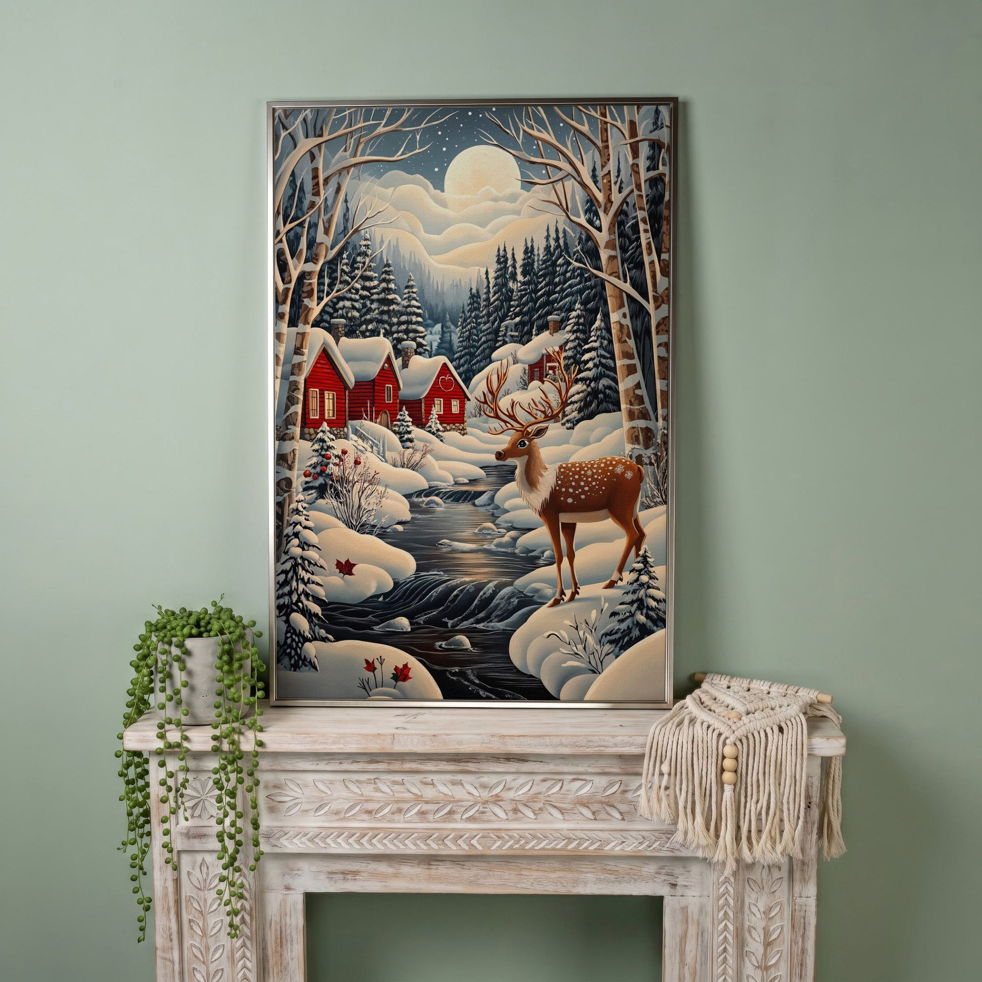 Forest Village with Deer Winter Landscape Canvas in silver floating frame