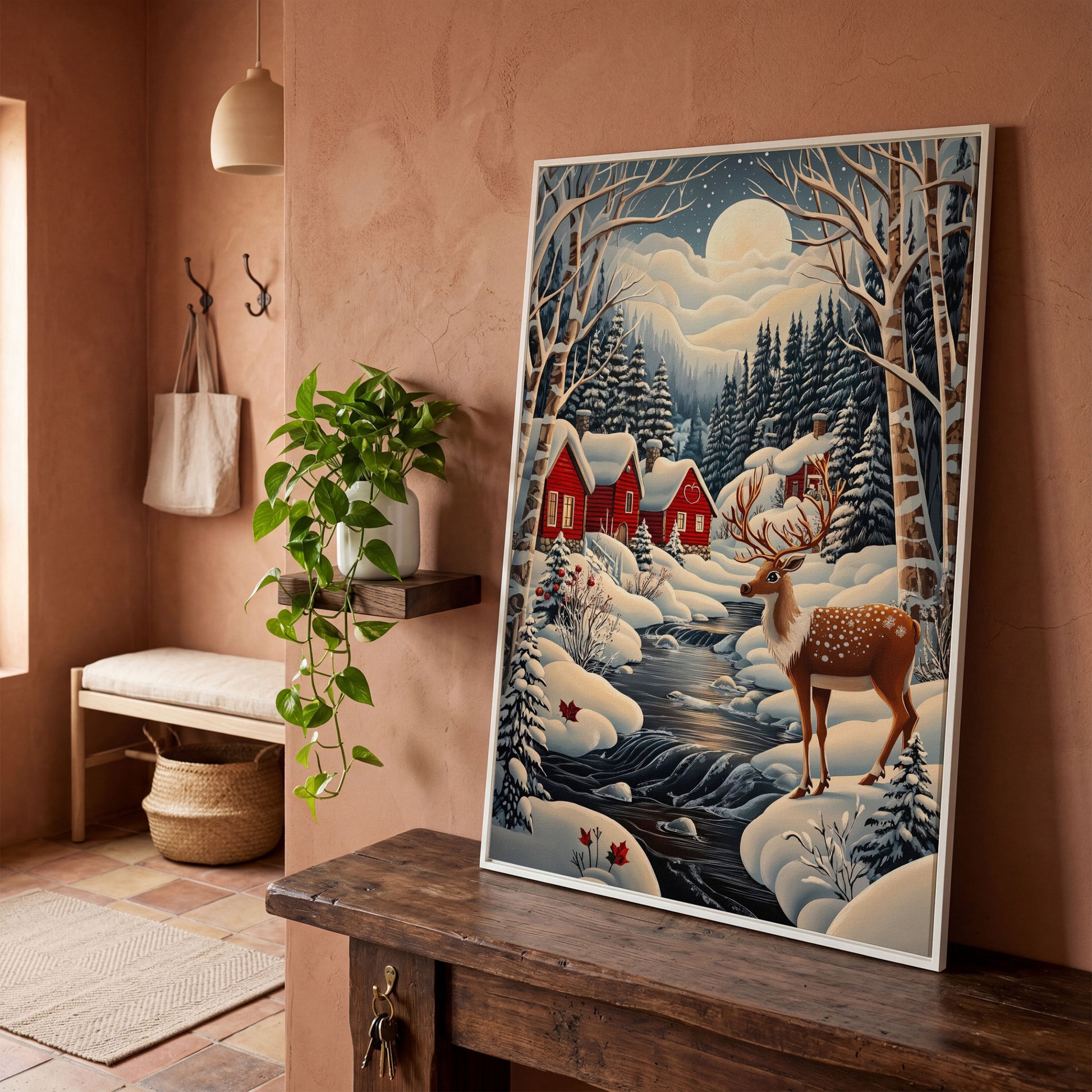 Forest Village with Deer Winter Landscape Canvas in white floating frame