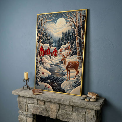 Forest Village with Deer Winter Landscape Canvas in yellow gold floating frame