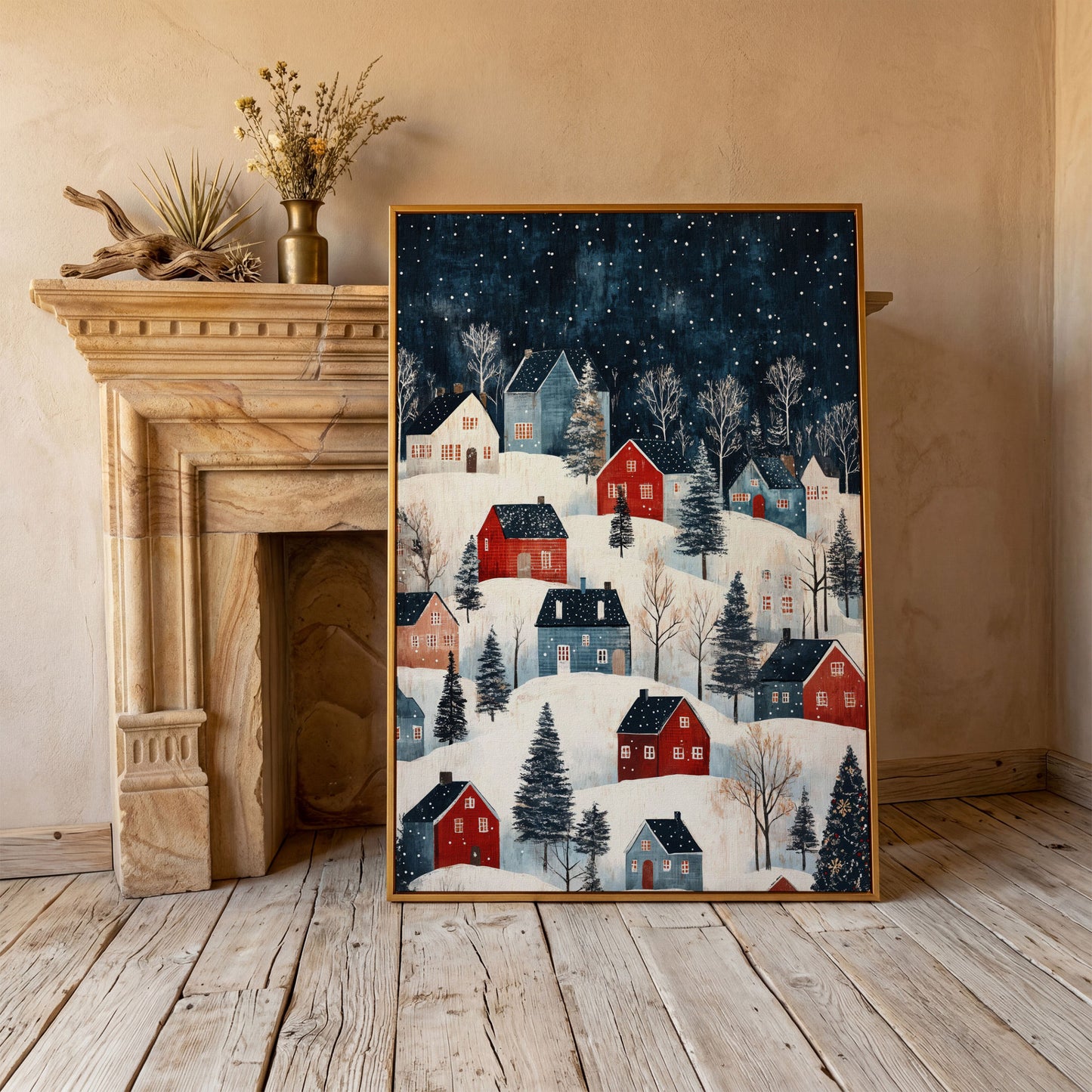Snowy Village on Rolling Hills Canvas Print in antique gold floating frame