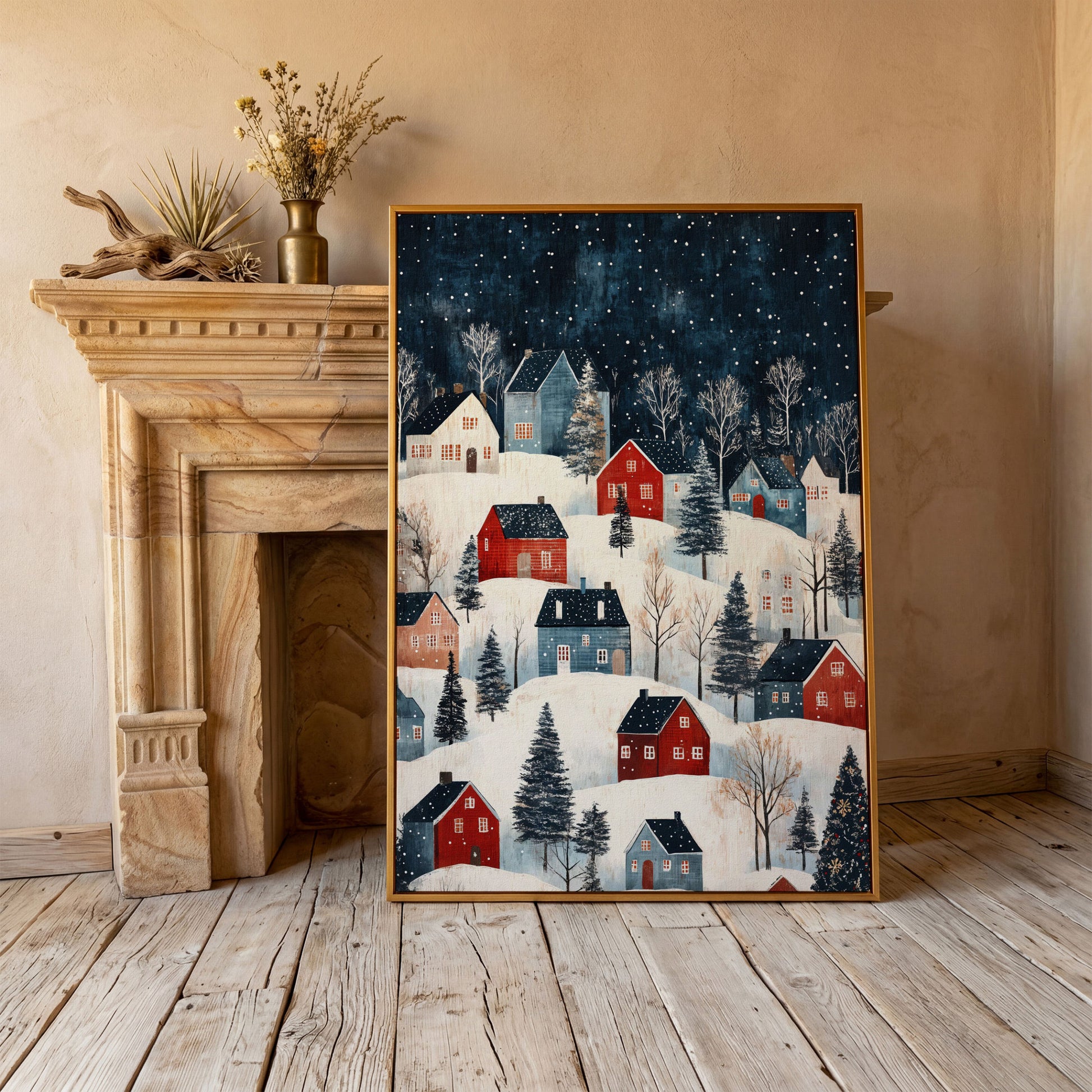Snowy Village on Rolling Hills Canvas Print in antique gold floating frame