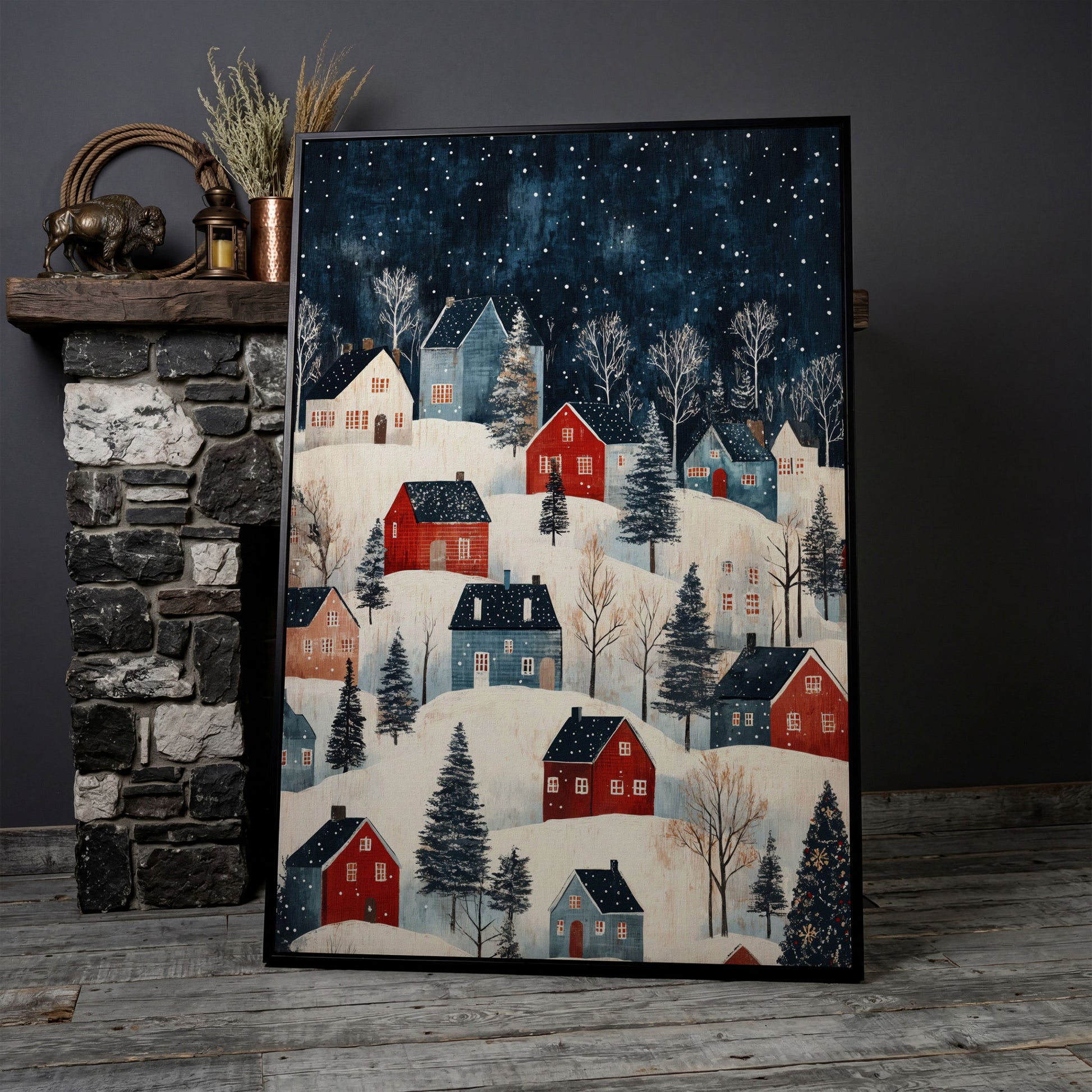Snowy Village on Rolling Hills Canvas Print in black floating frame