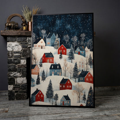 Snowy Village on Rolling Hills Canvas Print in black floating frame