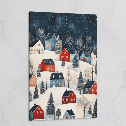 Snowy Village on Rolling Hills Canvas Print on gallery wrap