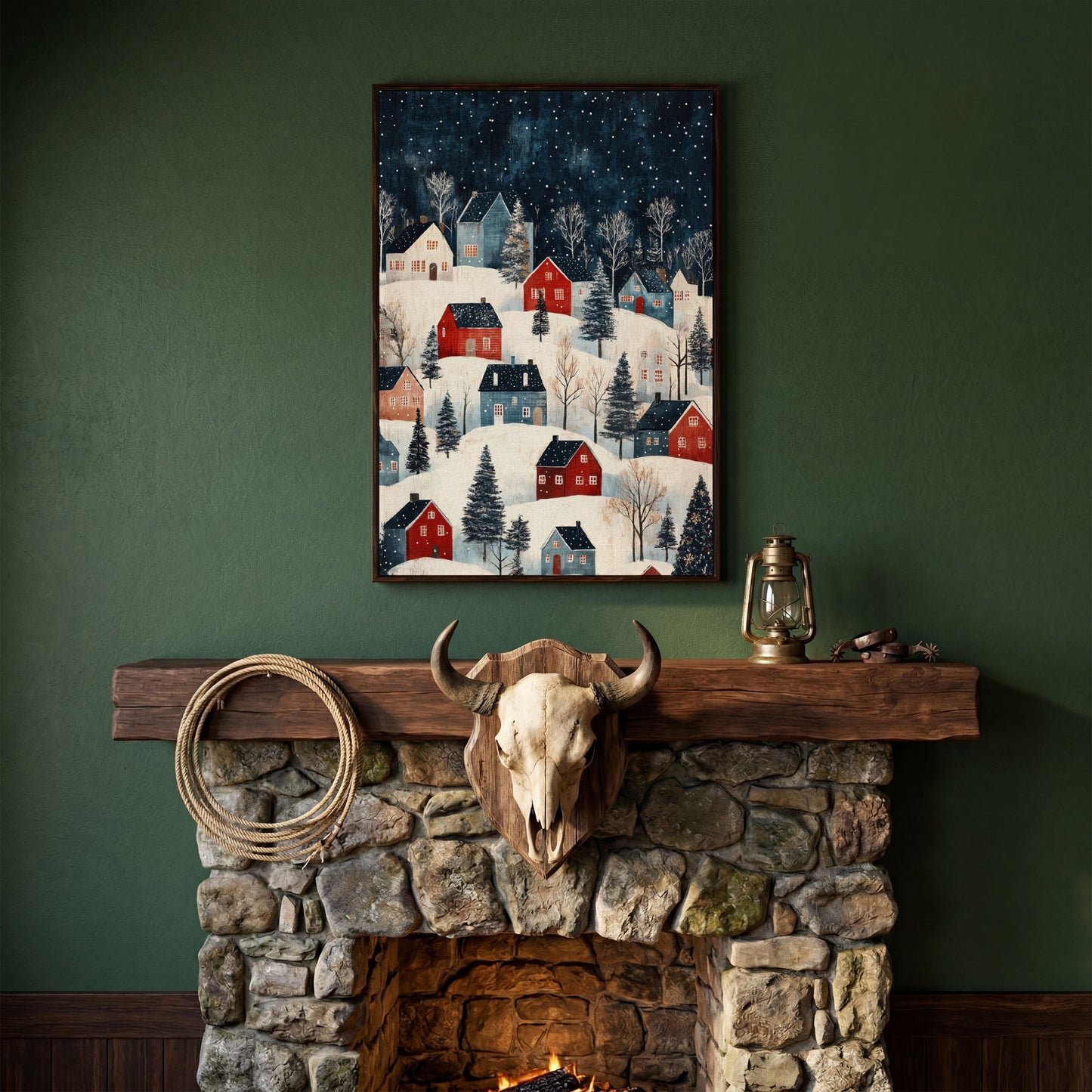 Snowy Village on Rolling Hills Canvas Print in dark walnut floating frame