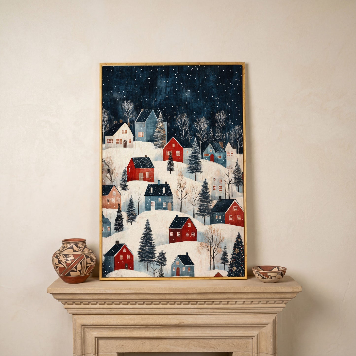 Snowy Village on Rolling Hills Canvas Print in white oak floating frame