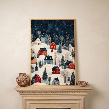 Snowy Village on Rolling Hills Canvas Print in white oak floating frame