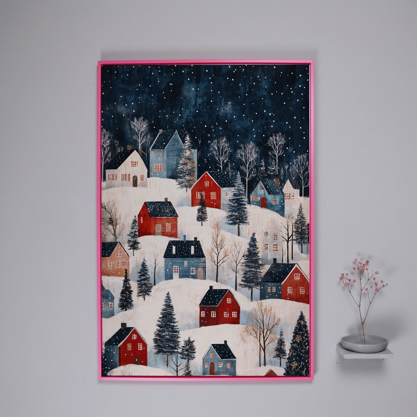Snowy Village on Rolling Hills Canvas Print in pink floating frame