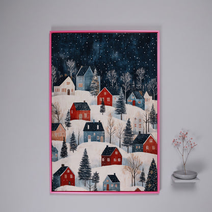 Snowy Village on Rolling Hills Canvas Print in pink floating frame