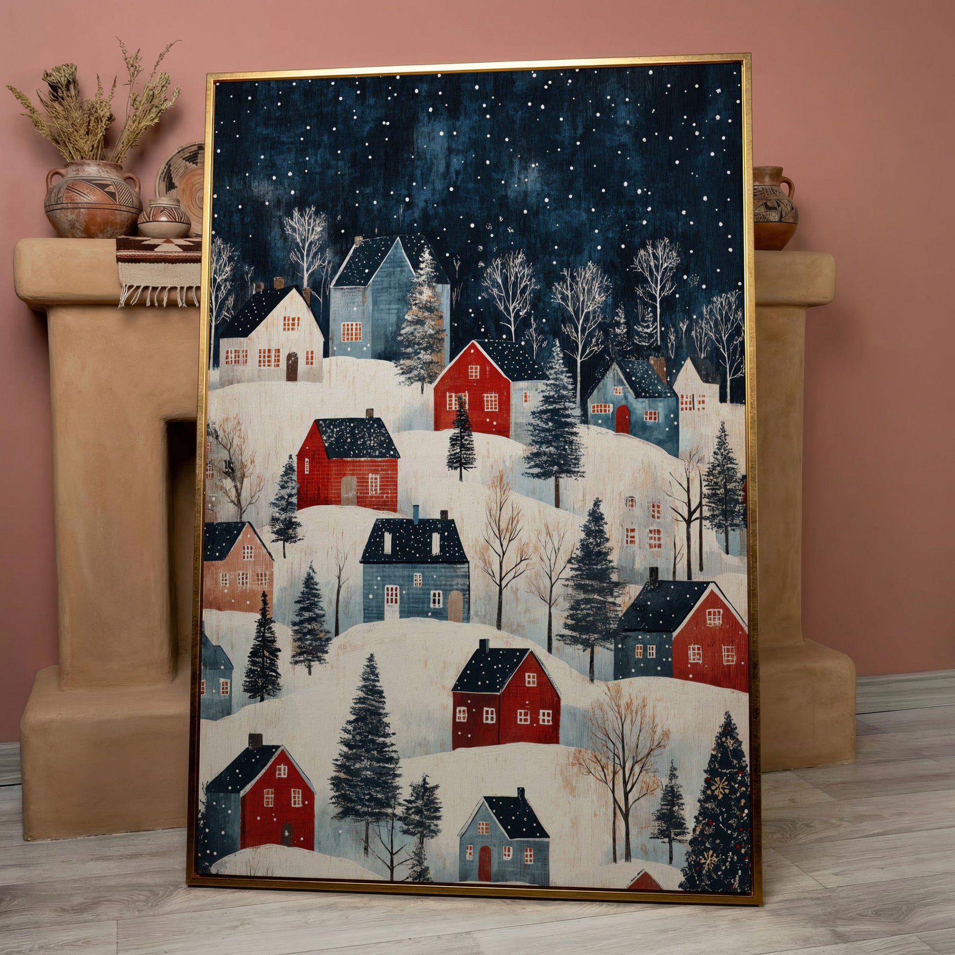 Snowy Village on Rolling Hills Canvas Print in rose gold floating frame