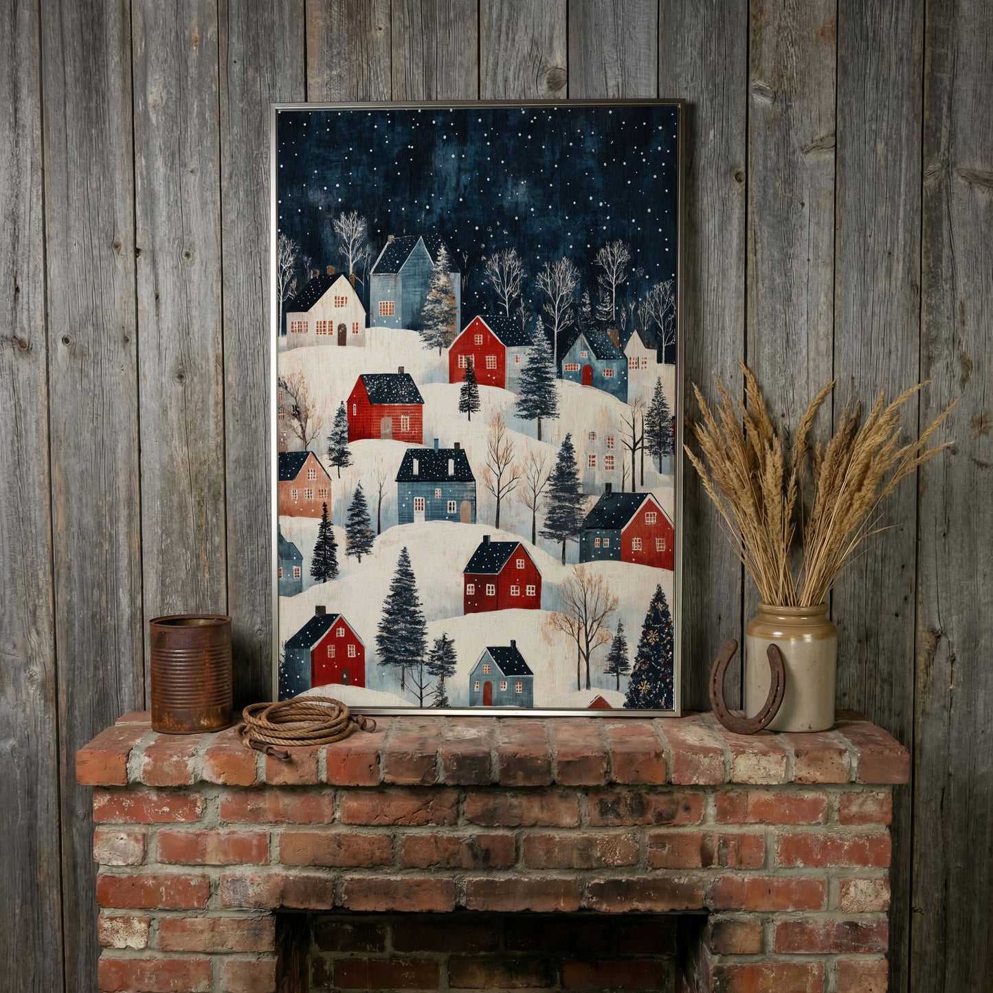 Snowy Village on Rolling Hills Canvas Print in silver floating frame