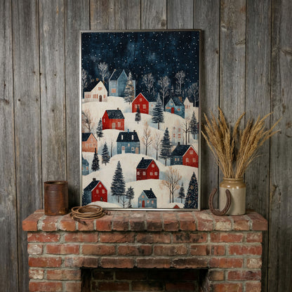 Snowy Village on Rolling Hills Canvas Print in silver floating frame