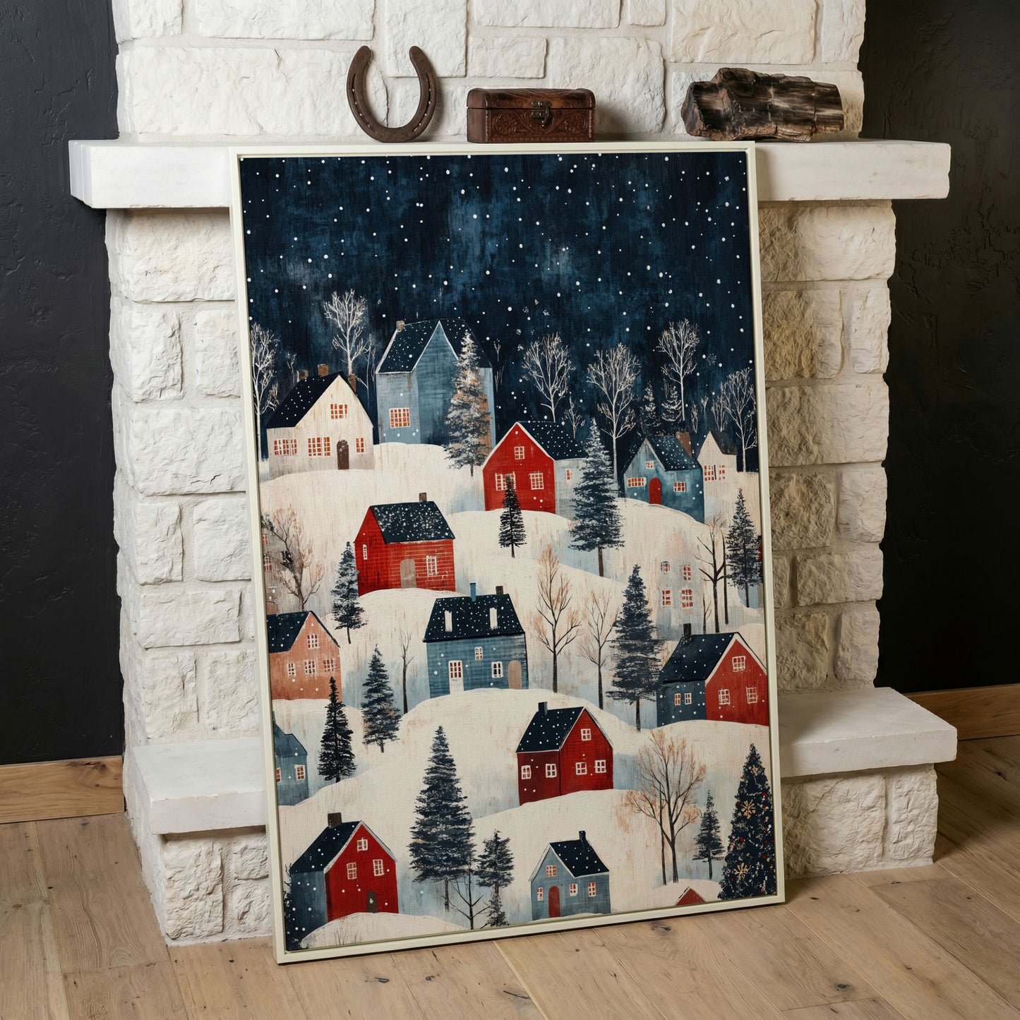 Snowy Village on Rolling Hills Canvas Print in white floating frame