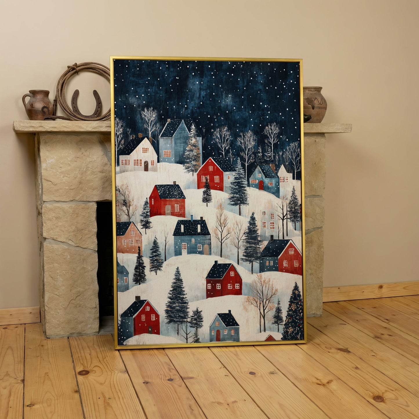 Snowy Village on Rolling Hills Canvas Print in yellow gold floating frame
