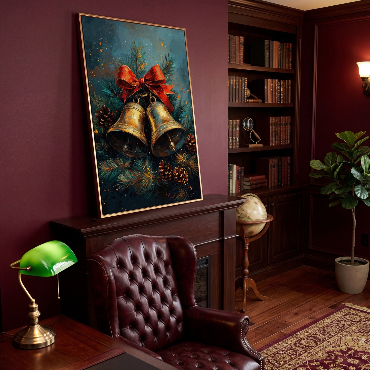Christmas Bells Still Life Canvas Print in antique gold floating frame