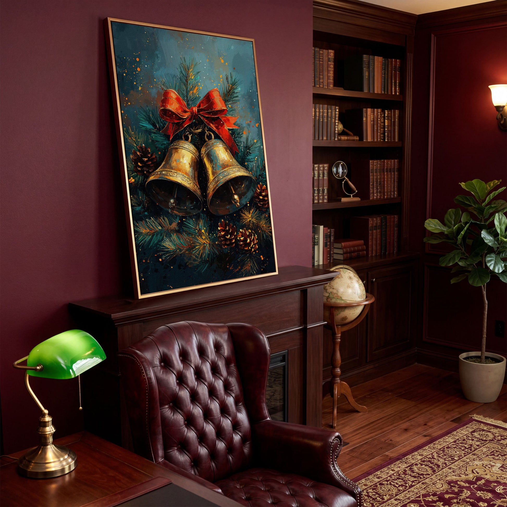 Christmas Bells Still Life Canvas Print in antique gold floating frame