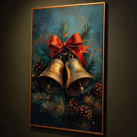 Christmas Bells Still Life Canvas Print shown in antique gold floating frame