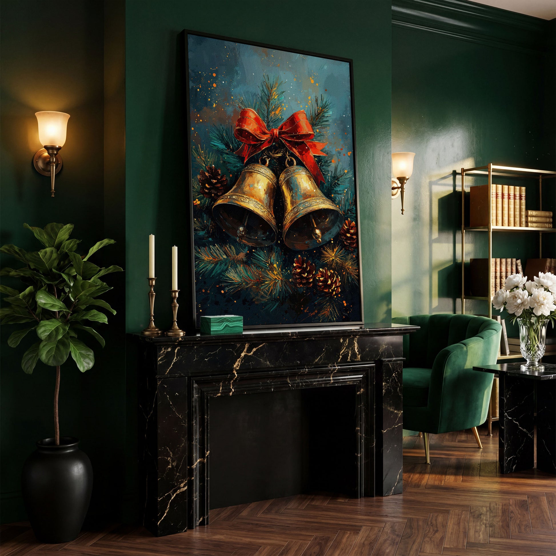 Christmas Bells Still Life Canvas Print in black floating frame