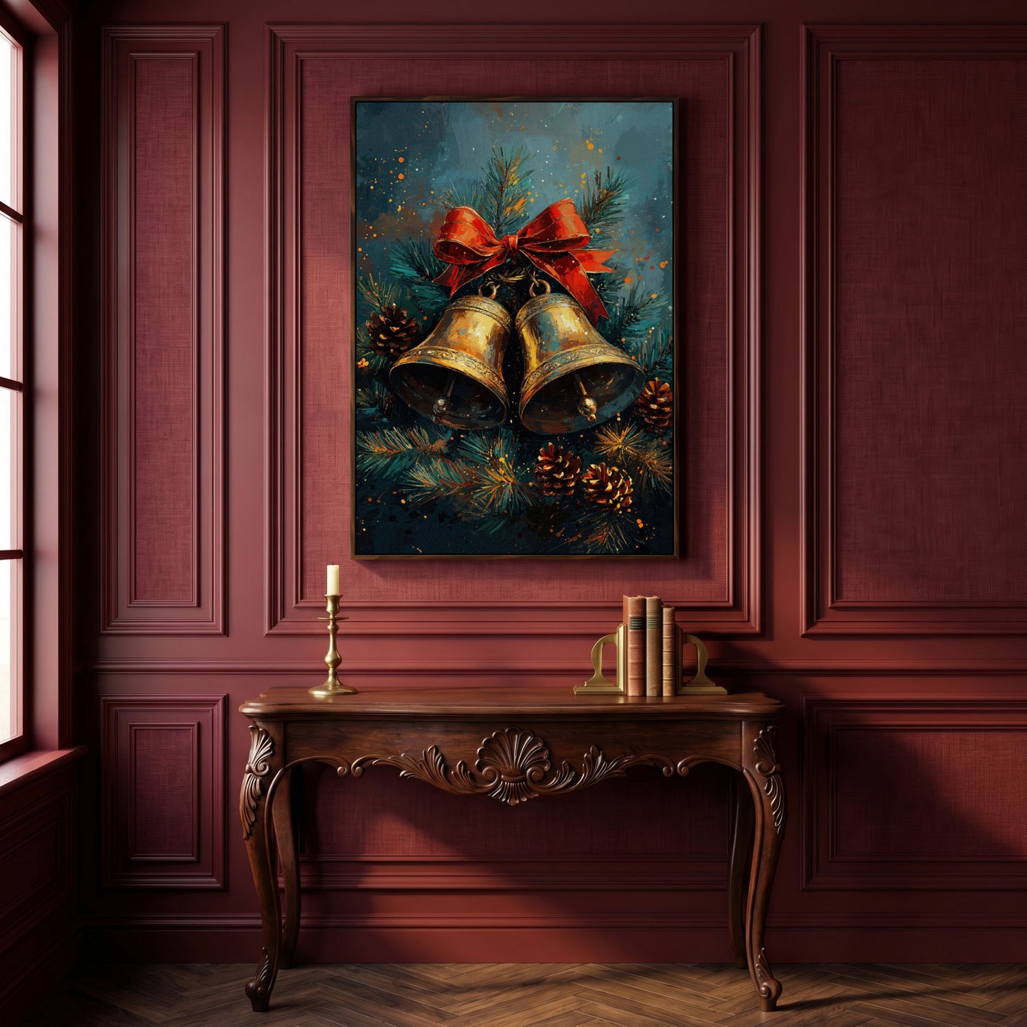Christmas Bells Still Life Canvas Print in dark walnut floating frame