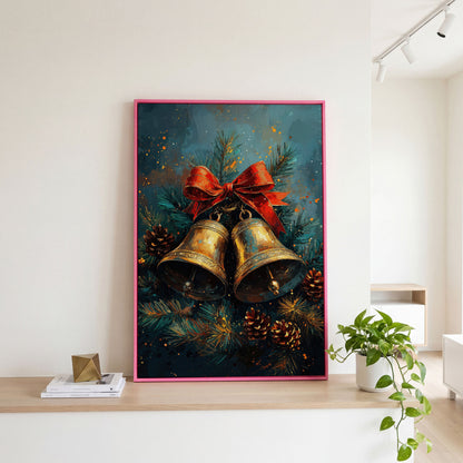 Christmas Bells Still Life Canvas Print in pink floating frame