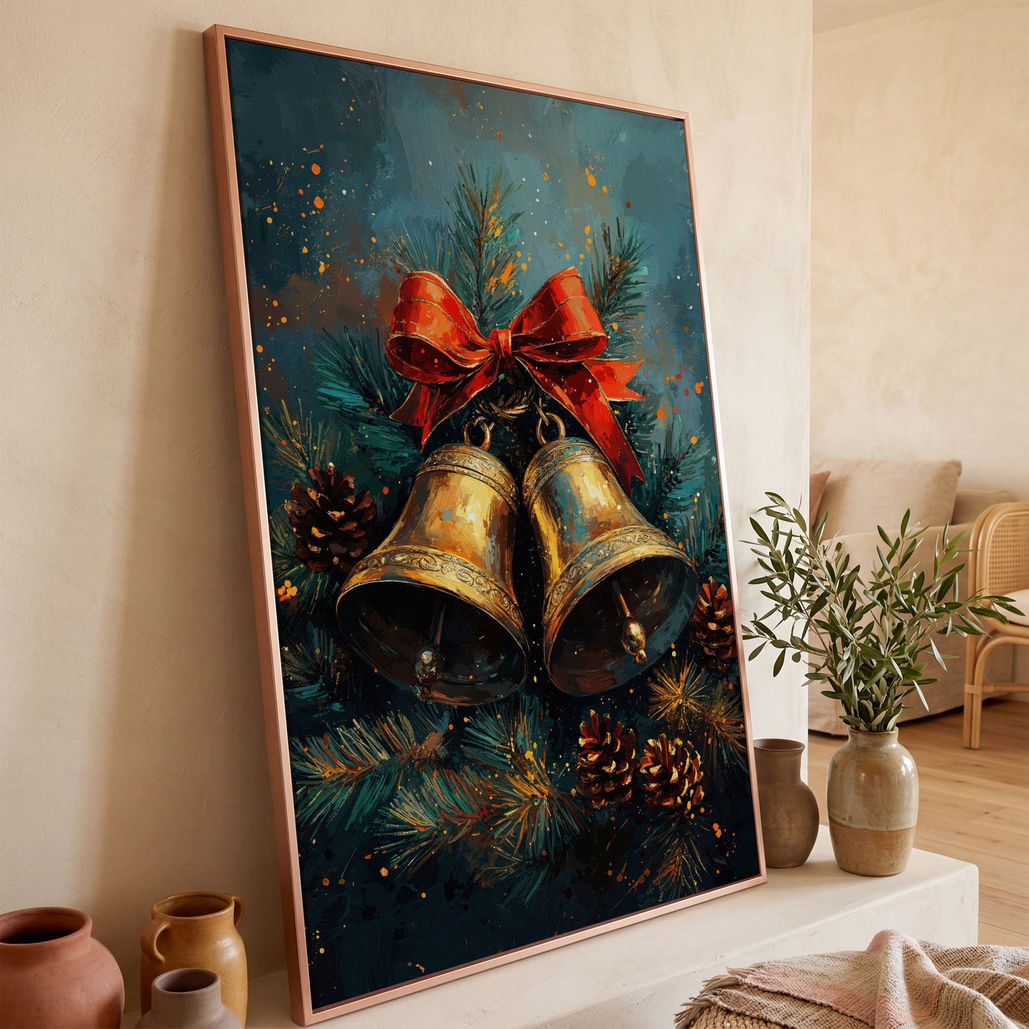 Christmas Bells Still Life Canvas Print in rose gold floating frame