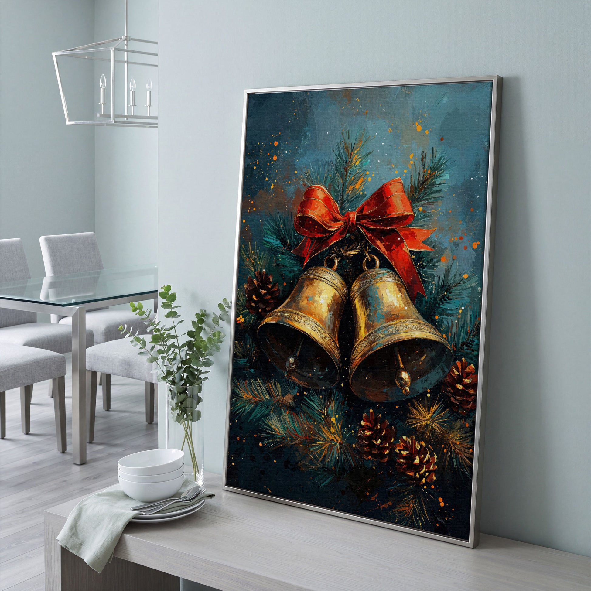 Christmas Bells Still Life Canvas Print in silver floating frame
