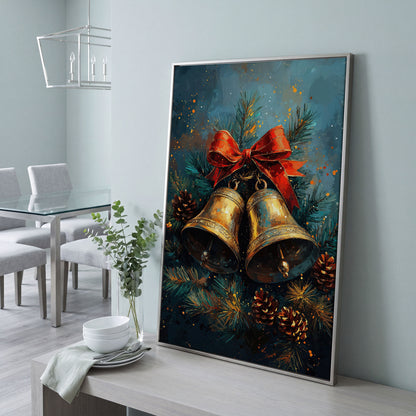 Christmas Bells Still Life Canvas Print in silver floating frame