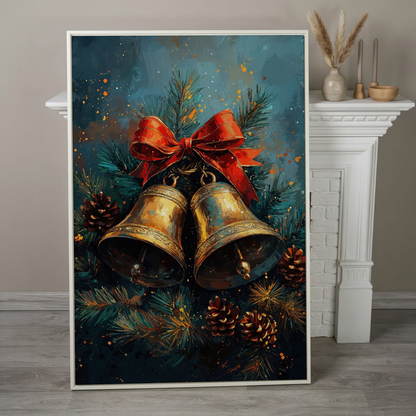Christmas Bells Still Life Canvas Print in white floating frame