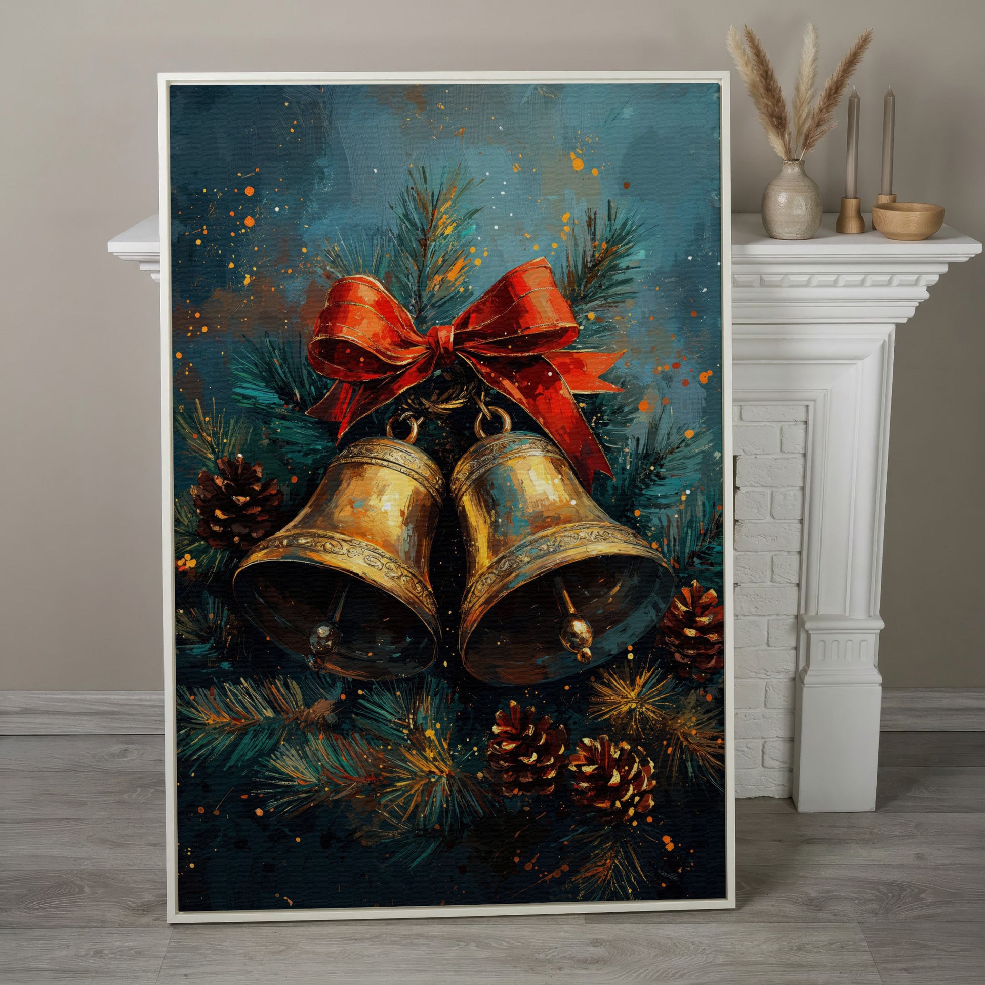 Christmas Bells Still Life Canvas Print in white floating frame