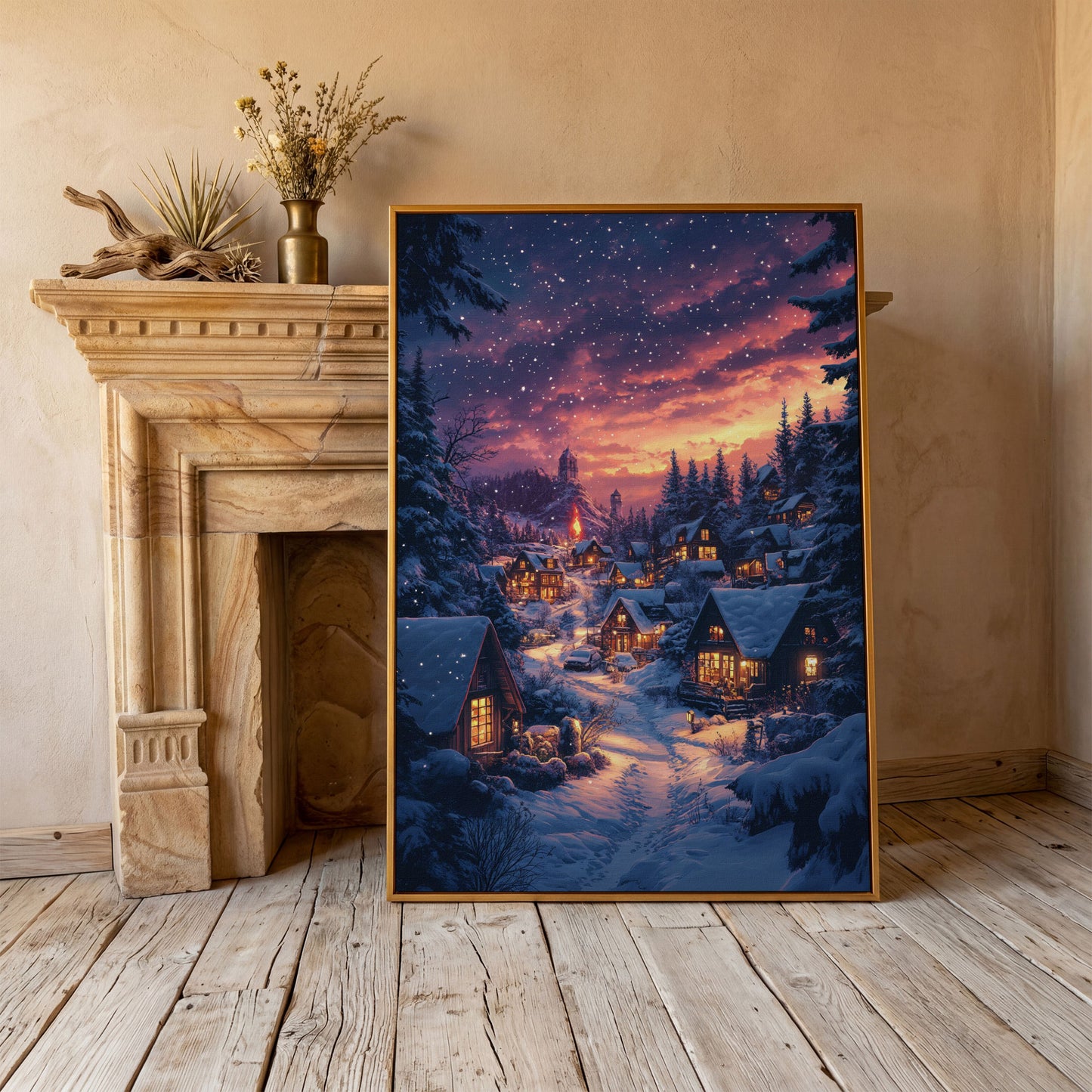 Winter Village at Dusk Canvas Art in antique gold floating frame