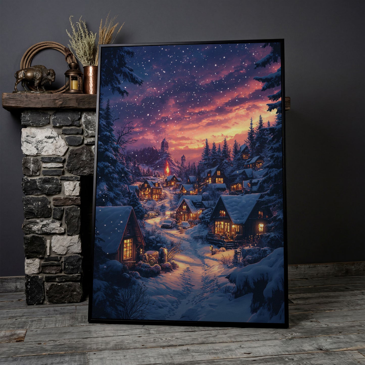 Winter Village at Dusk Canvas Art in black floating frame
