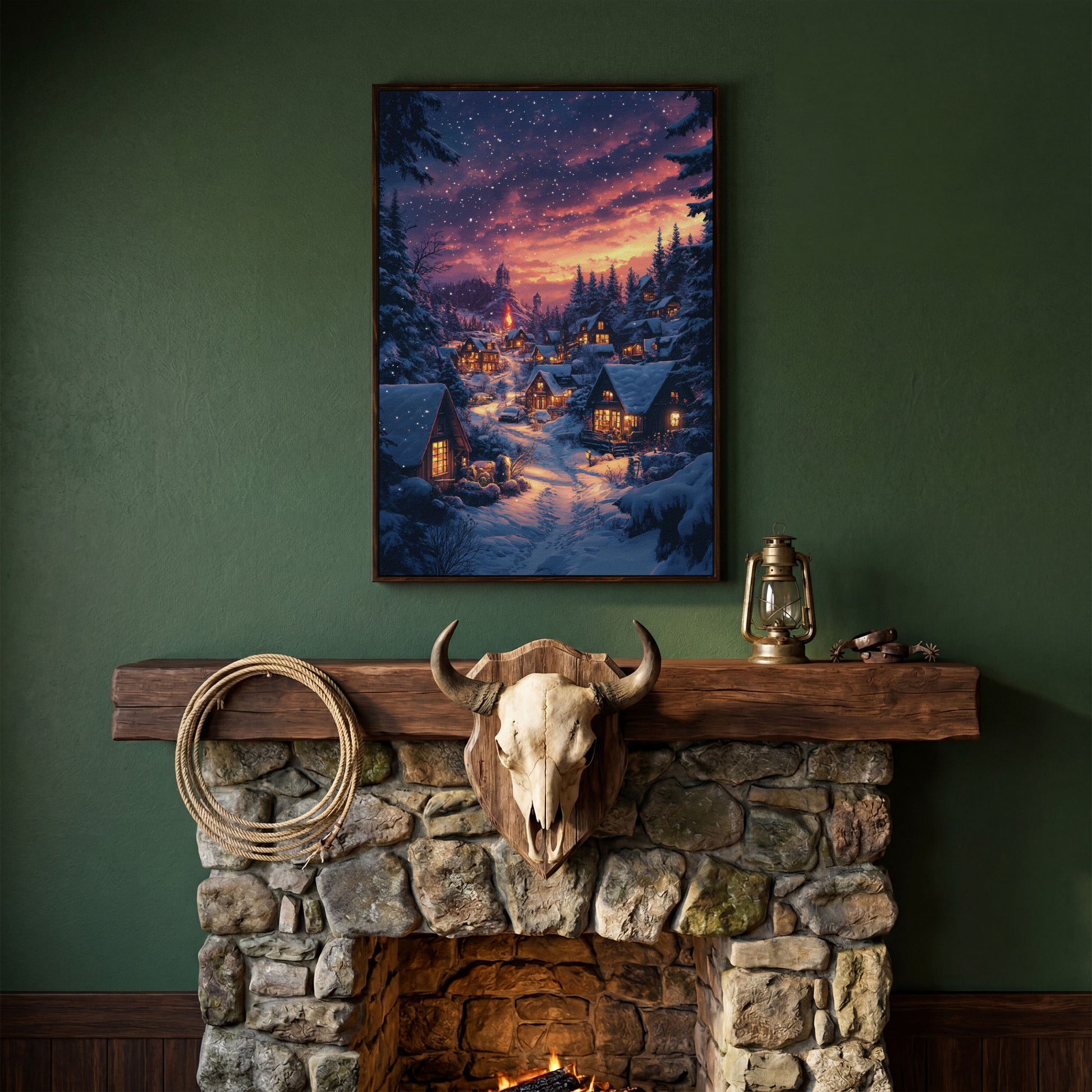 Winter Village at Dusk Canvas Art in dark walnut floating frame