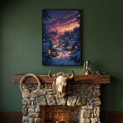 Winter Village at Dusk Canvas Art in dark walnut floating frame
