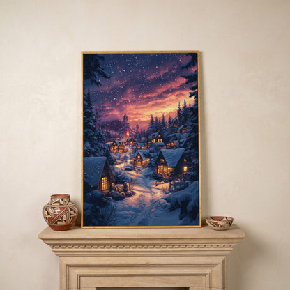 Winter Village at Dusk Canvas Art in white oak floating frame
