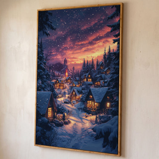 Winter Village at Dusk Canvas Art shown in white oak floating frame