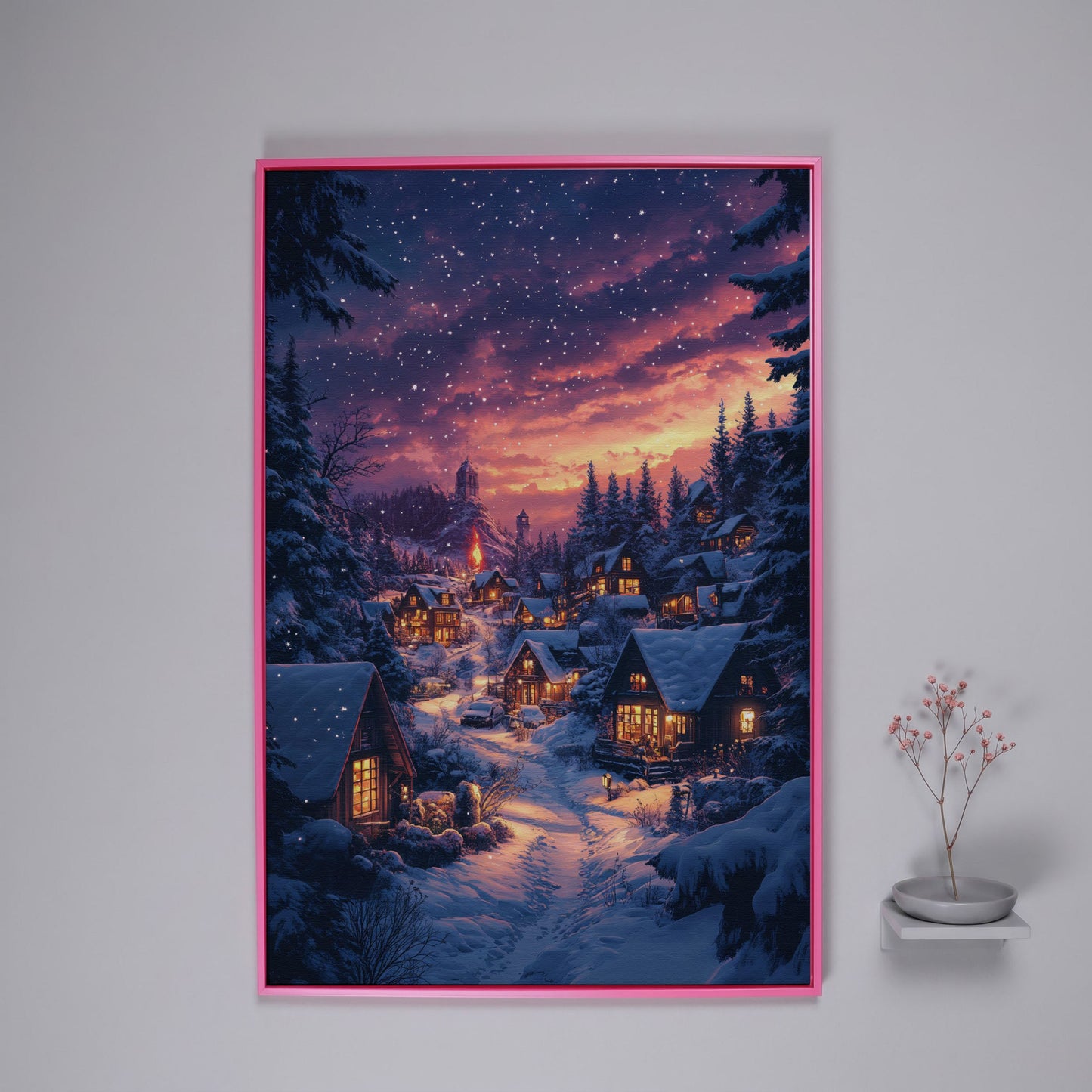 Winter Village at Dusk Canvas Art in pink floating frame