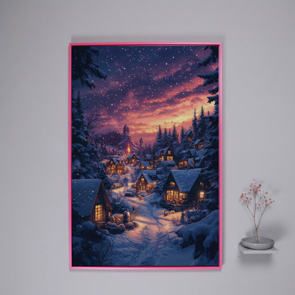 Winter Village at Dusk Canvas Art in pink floating frame