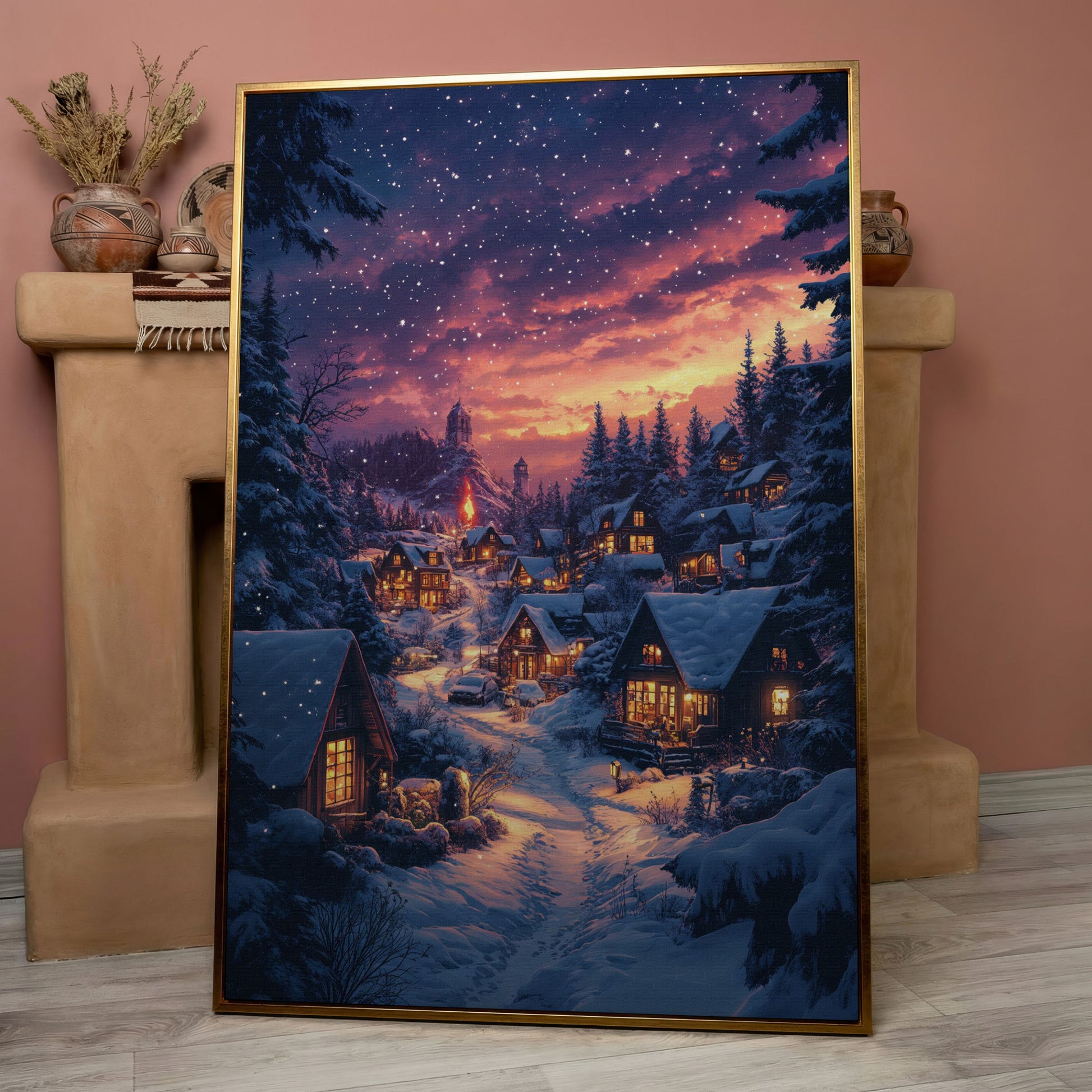 Winter Village at Dusk Canvas Art in rose gold floating frame