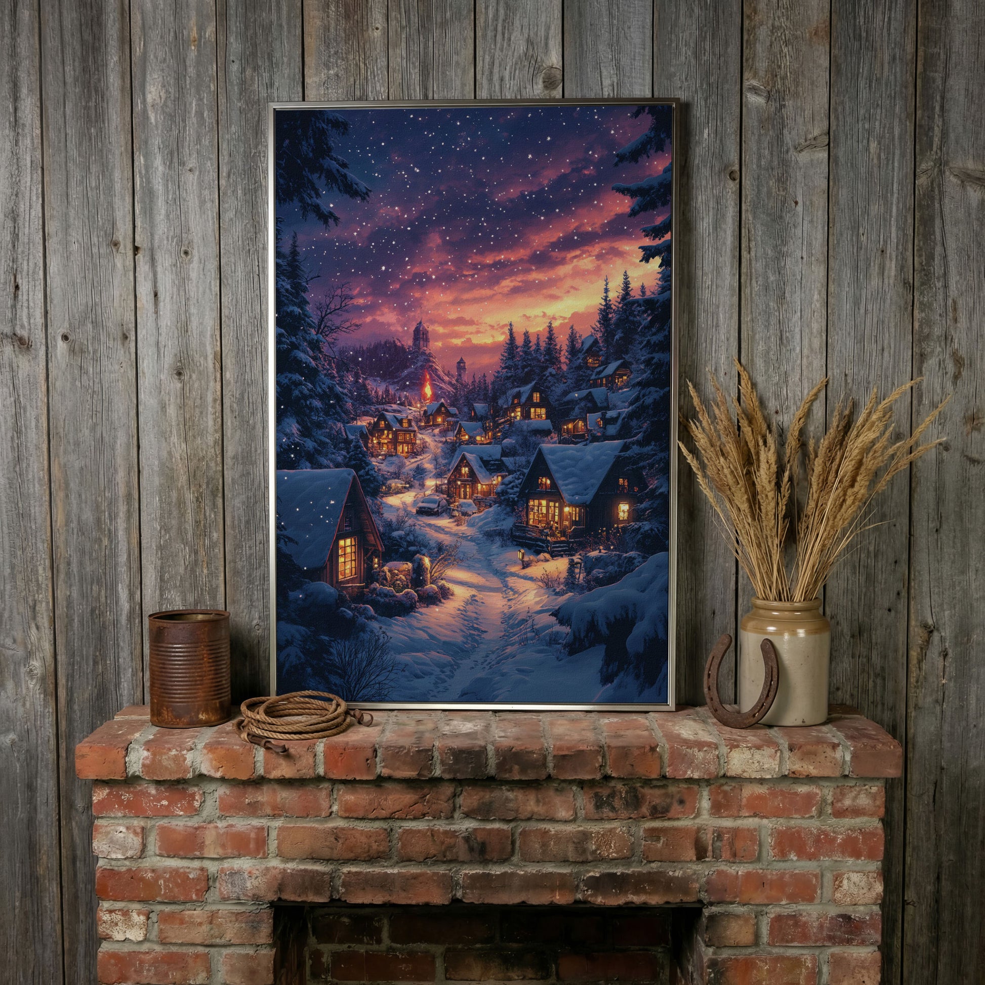 Winter Village at Dusk Canvas Art in silver floating frame