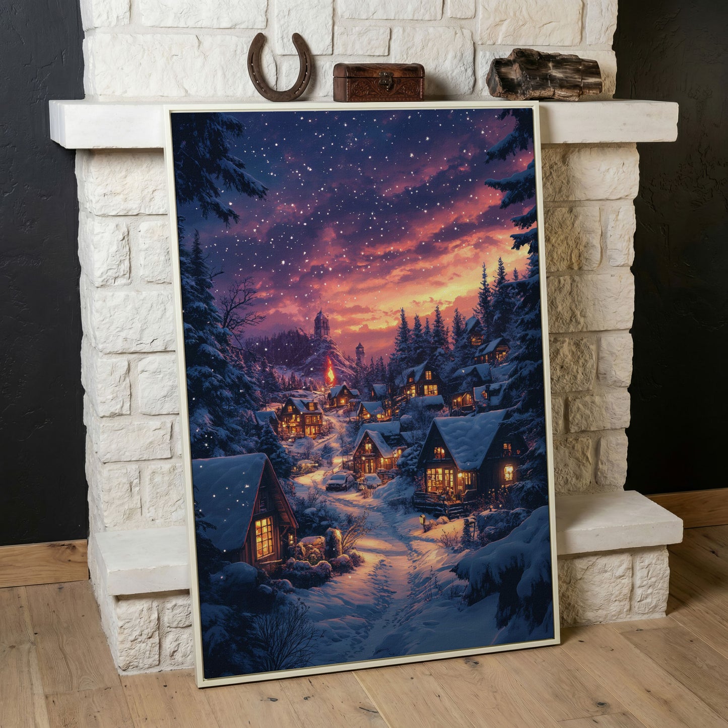 Winter Village at Dusk Canvas Art in white floating frame