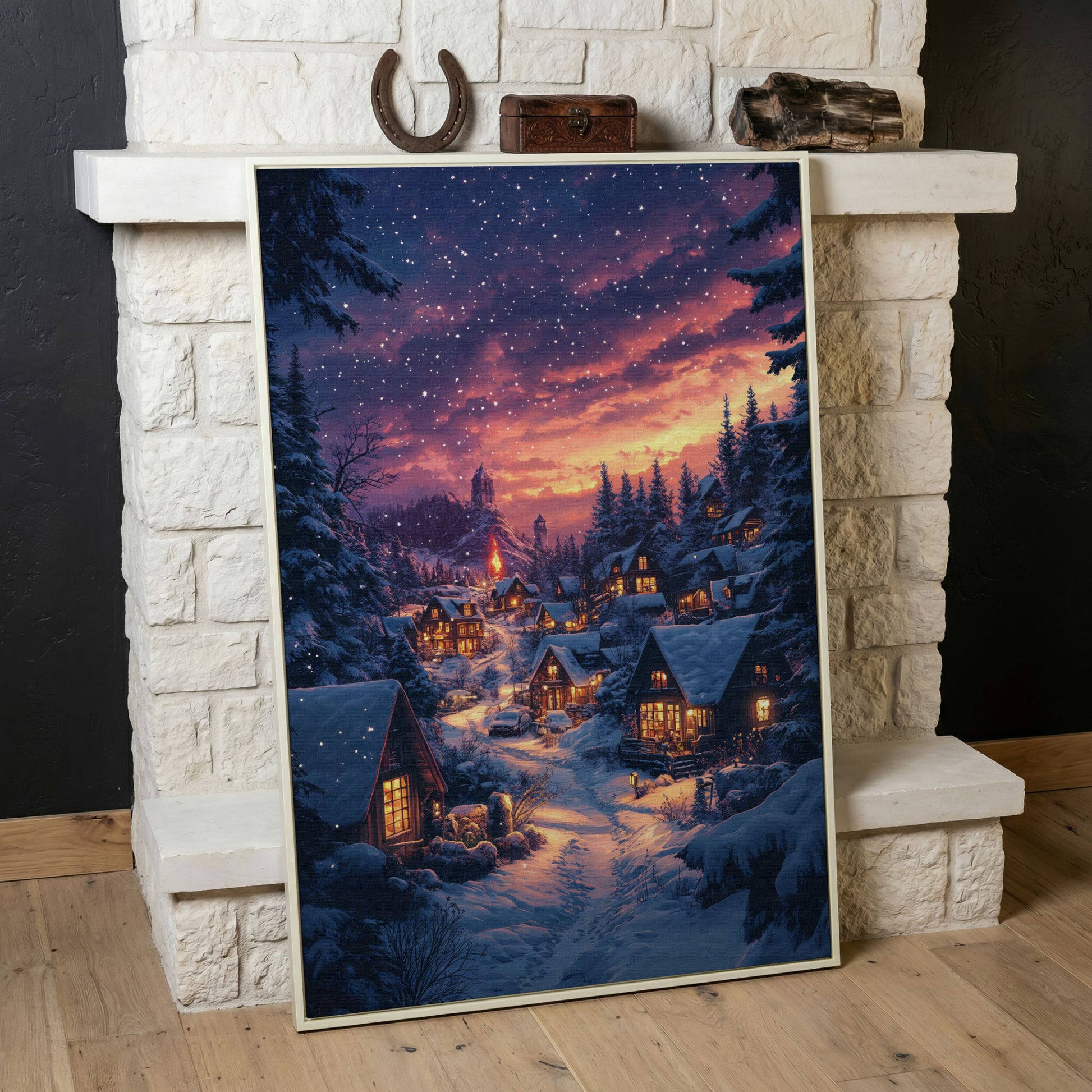 Winter Village at Dusk Canvas Art in white floating frame