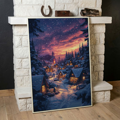 Winter Village at Dusk Canvas Art in white floating frame