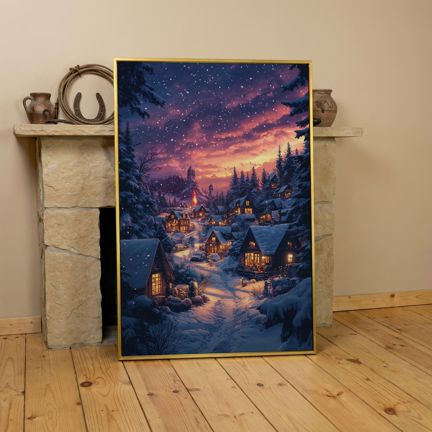 Winter Village at Dusk Canvas Art in yellow gold floating frame