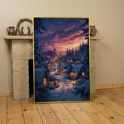 Winter Village at Dusk Canvas Art in yellow gold floating frame