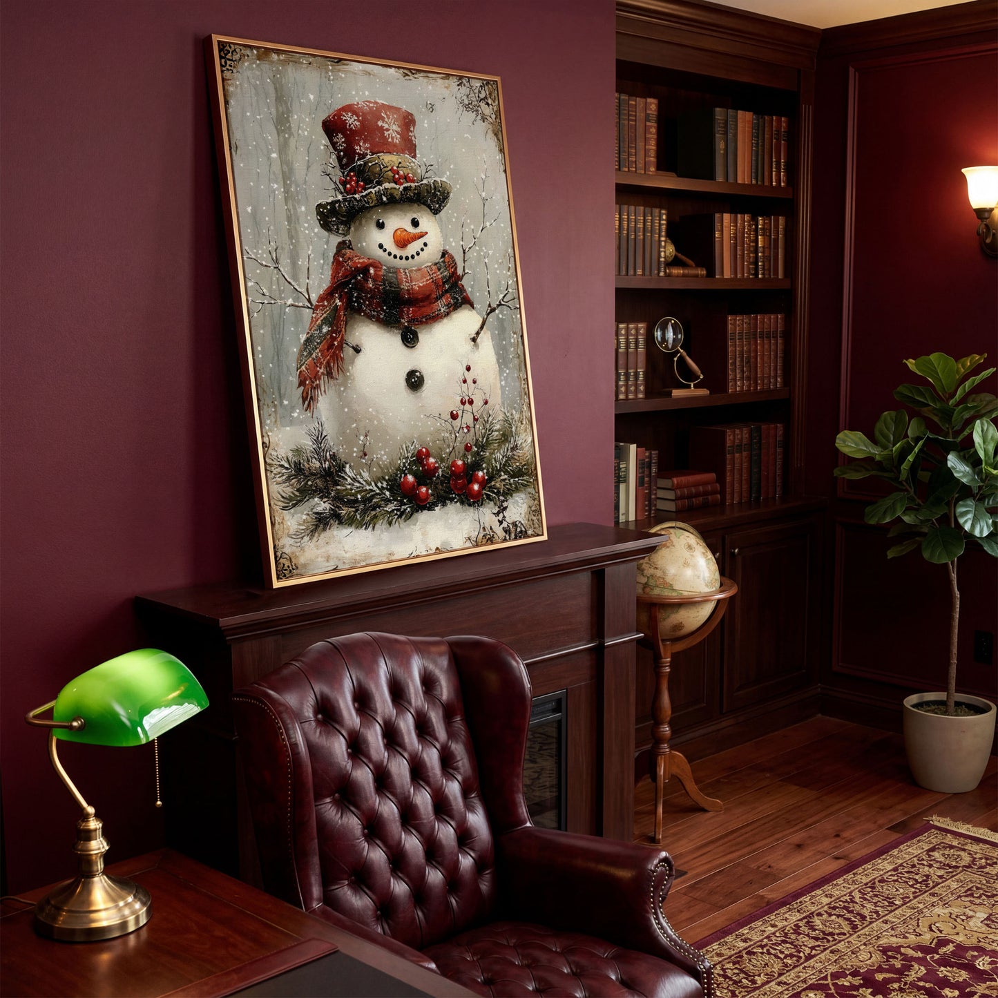 Snowman with Pine Berries Christmas Canvas in antique gold floating frame