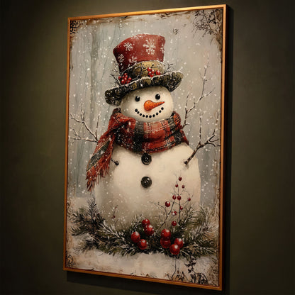 Snowman with Pine Berries Christmas Canvas shown in antique gold floating frame