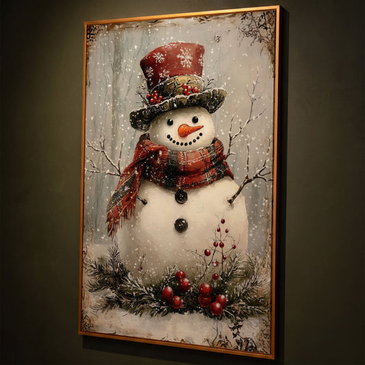 Snowman with Pine Berries Christmas Canvas shown in antique gold floating frame