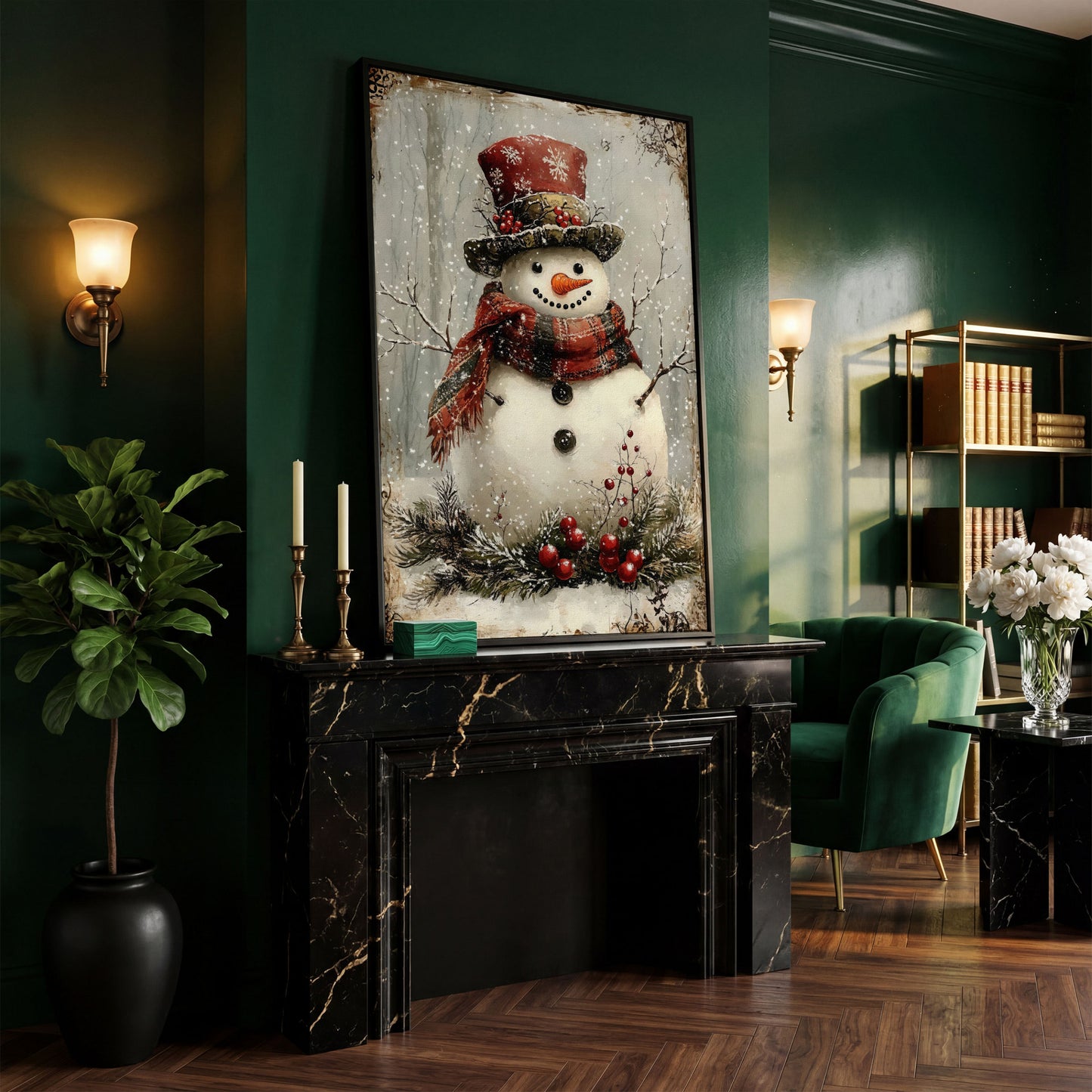 Snowman with Pine Berries Christmas Canvas in black floating frame