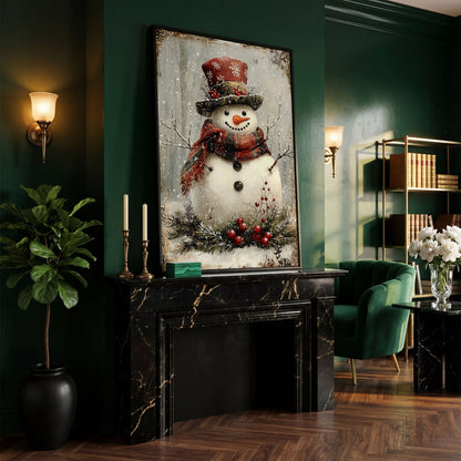Snowman with Pine Berries Christmas Canvas in black floating frame